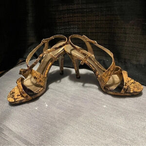 FIONI Mottled Brown Faux Snakeskin Cross Strap Sling Back Heel Sandal Womens 8